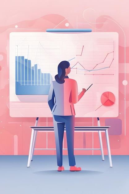 Flat illustration of a teacher standing in front of a dashboard