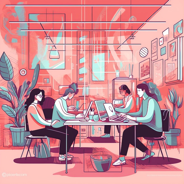 Flat illustration of a team brainstorming at a coworking office in warm pastel colors