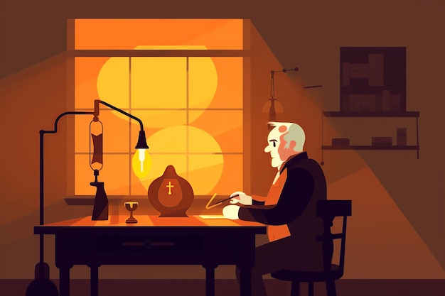 Flat illustration of Thomas Edison in his laboratory inventing the light bulb