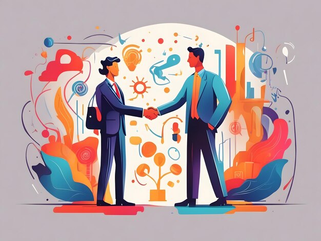 Плоская иллюстрация двух человек, пожимающих друг другу руки с иконой бизнеса и знаний