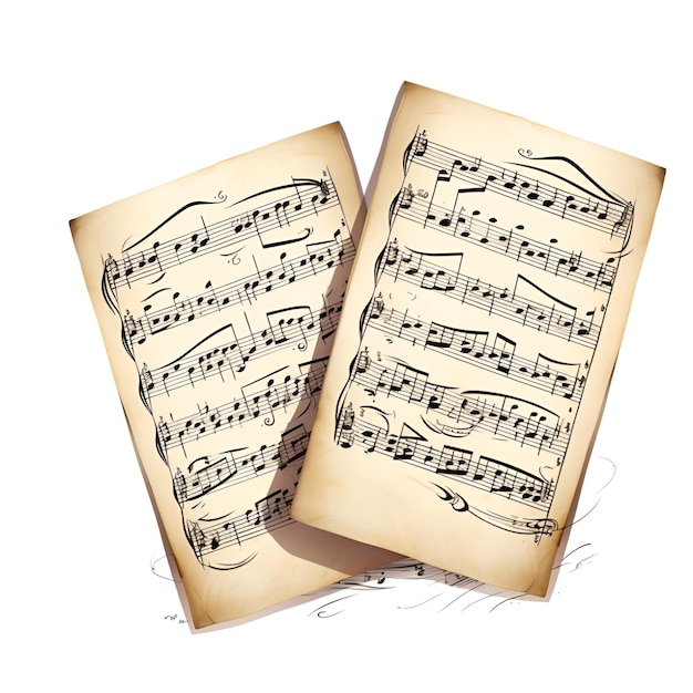 flat illustration of two pieces of floating sheet music on a white background hand drawn fantasy