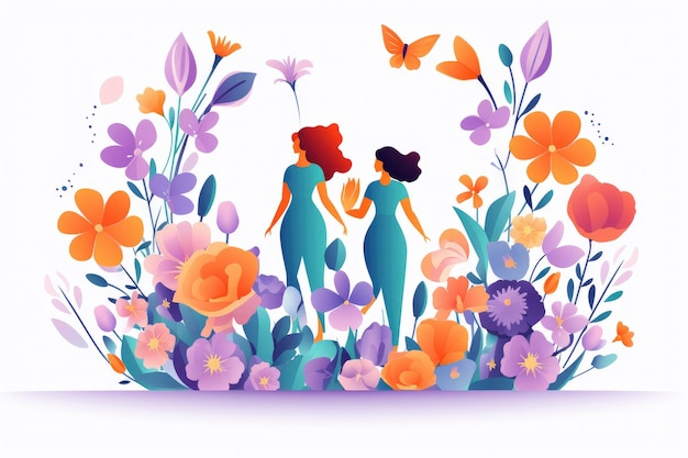 Flat illustration of two women with flowers for Women's Equality Day or March 8th white background