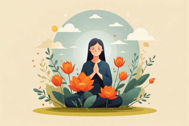 Flat Illustration of a woman meditating in a lotus position surrounded by flowers