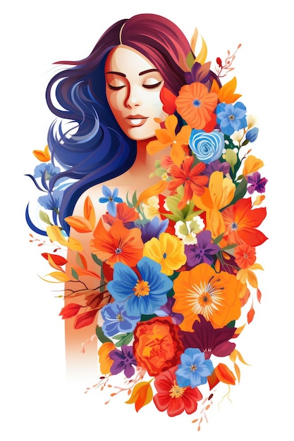 Foto illustrazione piatta di una donna con fiori per la giornata dell'uguaglianza delle donne o l'8 marzo su sfondo bianco