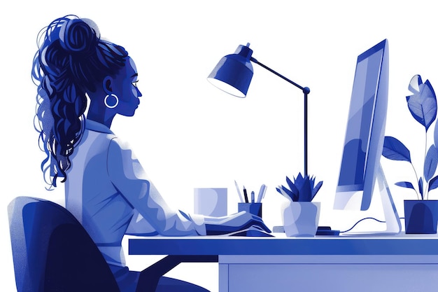 Flat illustration of a woman with a very straight back sitting at a computer in the office white and deep blue gradient isolate on white ar 32 stylize 250 Job ID 236fcc94449246fc986cadaff812faf0