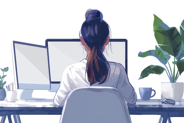 Flat illustration of a woman with a very straight back sitting at a computer in the office white and deep blue gradient isolate on white ar 32 stylize 250 Job ID ea9f5ef7c59b40ae853bab25486063de