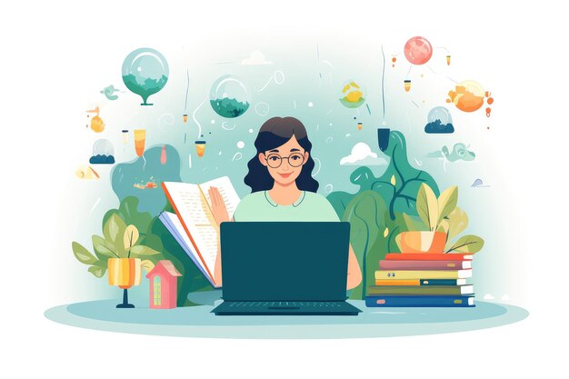 Плоская иллюстрация женщины, работающей с ноутбуком