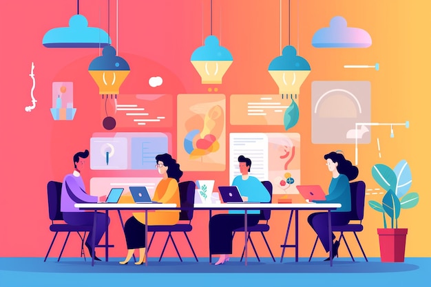 Flat illustration of young professionals brainstorming in a shared workspace