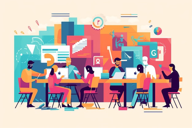 Flat illustration of young professionals brainstorming in a shared workspace