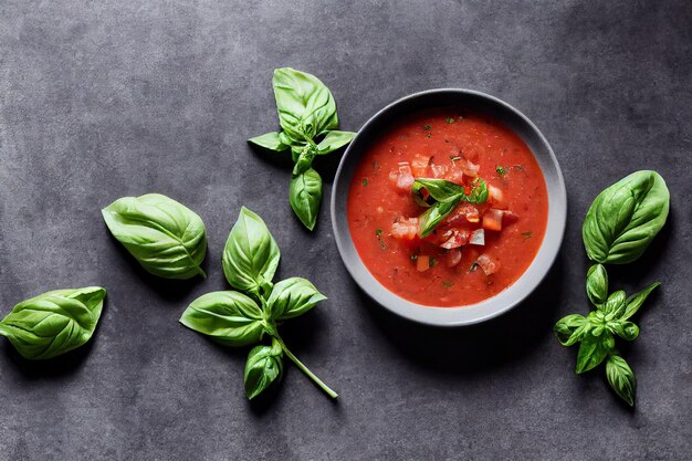 Flat image of gazpacho soup plate with vegetables and decorated with greens