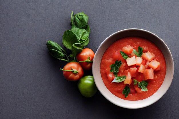 Flat image of gazpacho soup plate with vegetables and decorated with greens