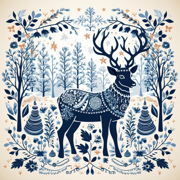 Photo flat image knitted reindeer and snowflakes pattern white background art