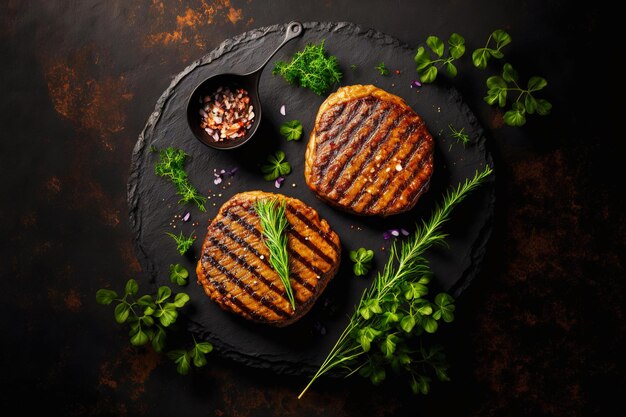 Flat image of roasted beef burger sprinkled with greens