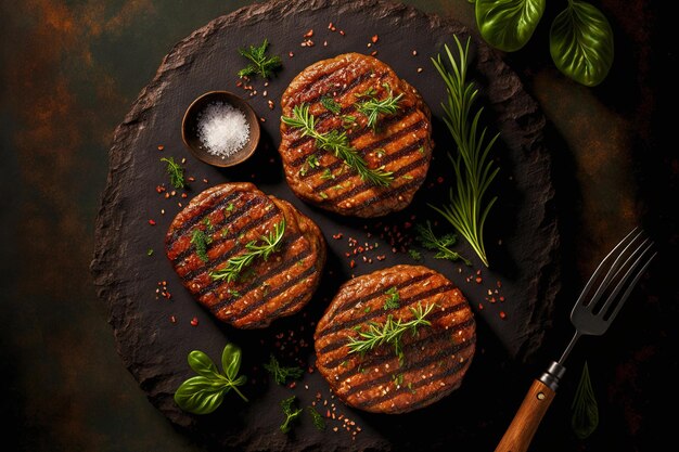 Flat image of roasted beef burger sprinkled with greens