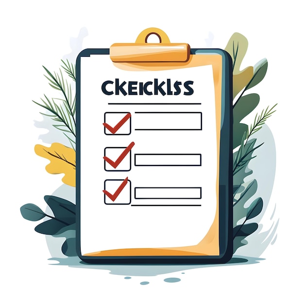 flat isolated vector of a clipboard and checkmark with the word checklist concept as a vector design