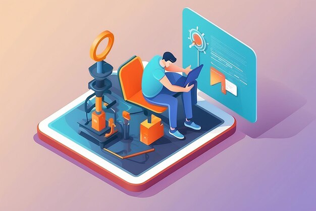 Photo flat isometric illustration concept of man maintaining update application