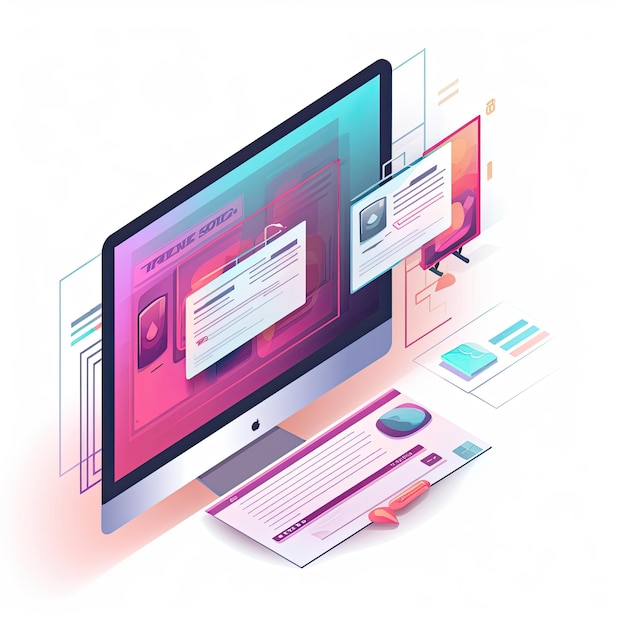 flat isometric illustration of a an image of a computer screen covered with a landing page