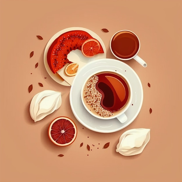 Flat lay 2d illustration design of coffee bagel and dessert