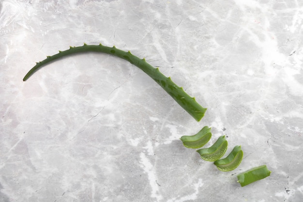 Flat lay aloe vera pieces on marble background