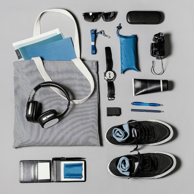 Photo flat lay arrangement of different traveling elements