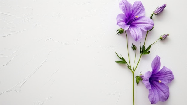 A flat lay arrangement features a purple flower against a white background offering ample copy space for text or other elements