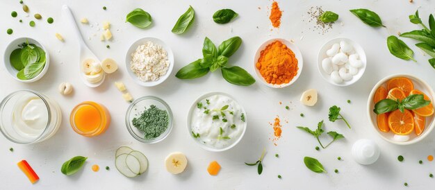 Photo a flat lay arrangement featuring baby food ingredients and accessories on a light background