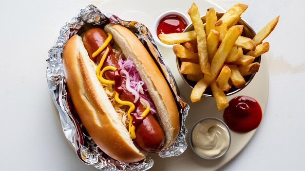 Foto flat lay arrangement met hotdog en friet