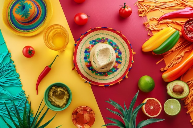 flat lay arrangement showcases the vibrancy of Mexican culture with a colorful sombrero