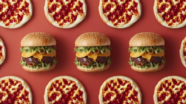 Flat lay arrangement with burgers and pizza