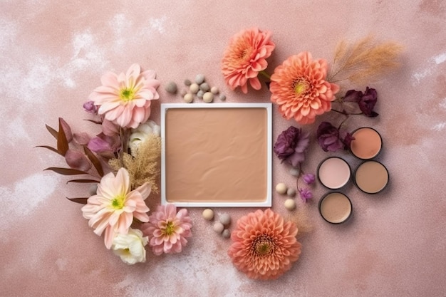 Flat Lay Arrangement with Floral Accents and Colorful Makeup Palettes