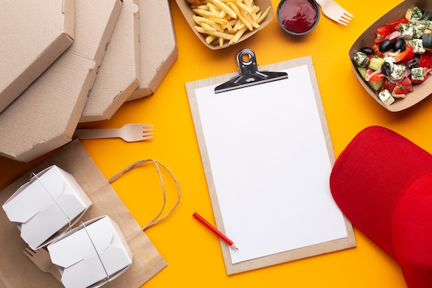 Flat lay arrangement with food and clipboard