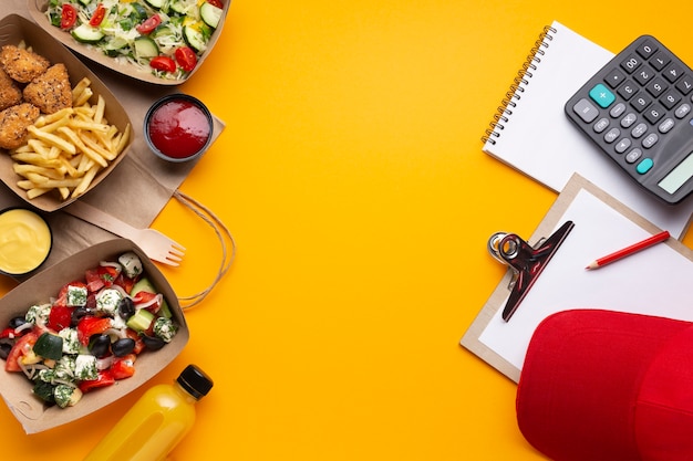 Photo flat lay arrangement with food and copy-space