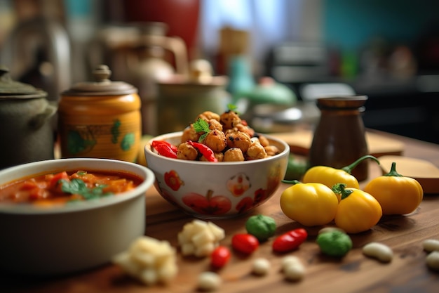 Photo flat lay assorment of yummy delicious food on table made with ai