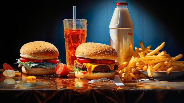 Photo flat lay assortment of fast food on table made with ai