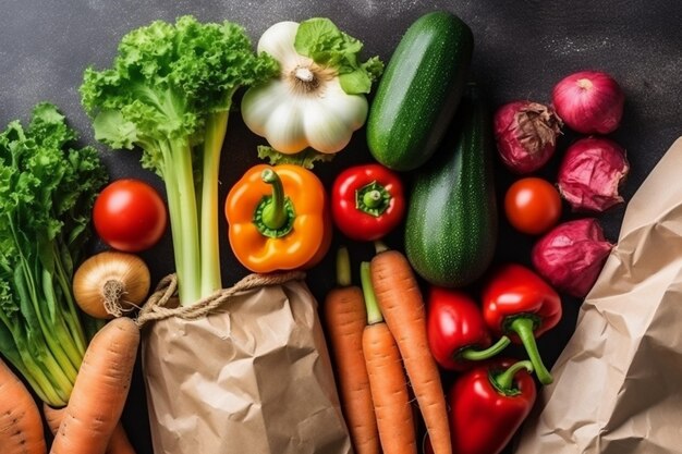 Photo flat lay of assortment of vegetables with paper bag