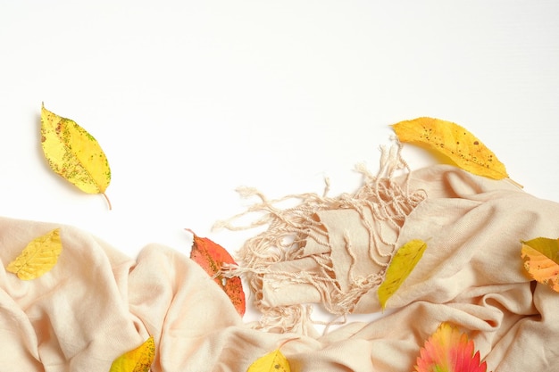 Photo flat lay autumn composition with beige fabric and fallen leaves