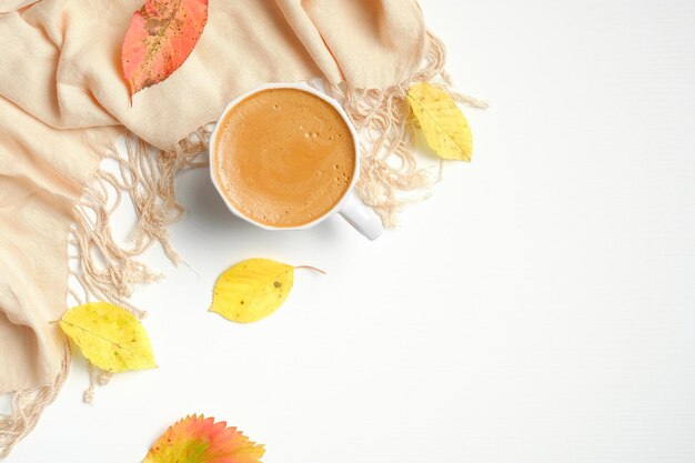 Flat lay autumn composition with cup of coffee