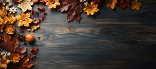 Flat lay autumn theme on the wooden desk created with generative AI