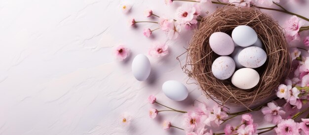 A flat lay background featuring eggs in nests and spring flowers perfect for the spring easter