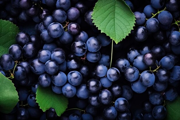 Фото Плоский фон из виноградных лоз, много органического синего темного винограда
