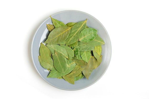 Flat lay of bay leaf in cermanic bowl