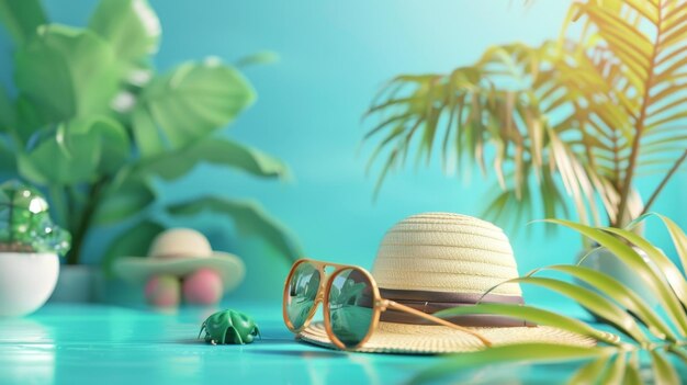 Photo flat lay of beach vacation essentials including hat sunglasses starfish and palm leaves on a vibr