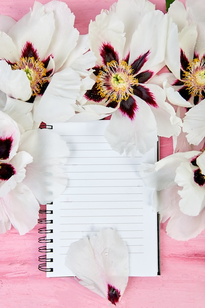 Flat lay of beautiful fresh white peonies with notebook.