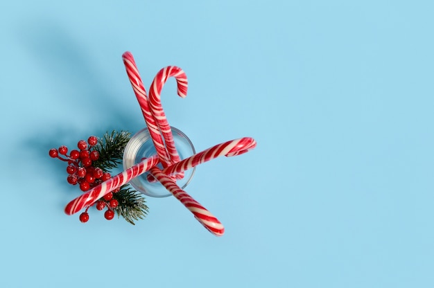 Flat lay of beautiful minimalistic simple composition with Christmas candy canes in transparent glass and snowy branch of pine with red berries, holly, on blue background with copy space for ad