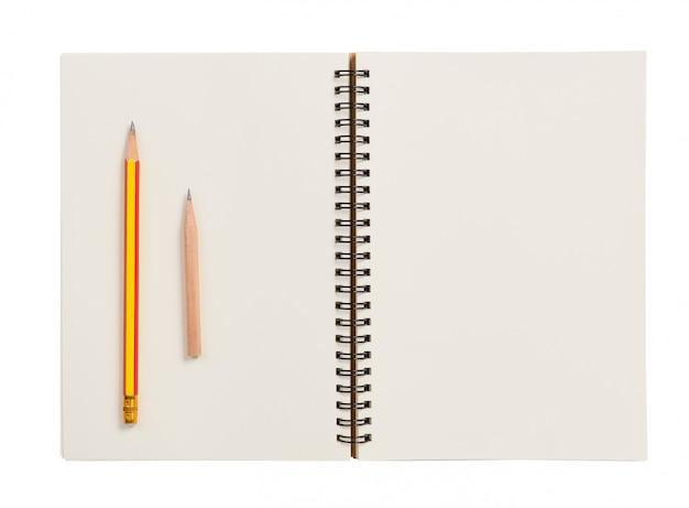 Flat lay,blank notebook and pencil isolated on white