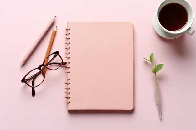 Flat lay blank paper sheet pink background top view eyeglasses Generative AI