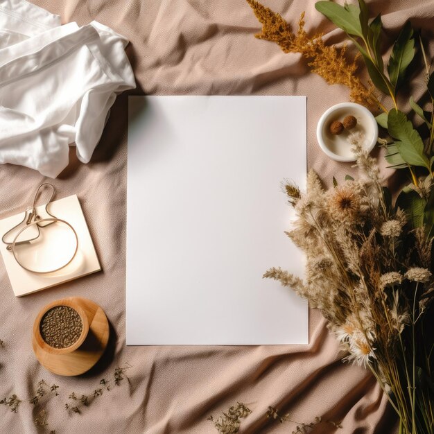 Foto piatto lay di boho natura minima in toni morbidi luminosi e ventilati