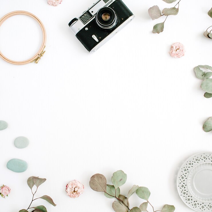 Photo flat lay border frame with retro camera, eucalyptus branches, plate on white