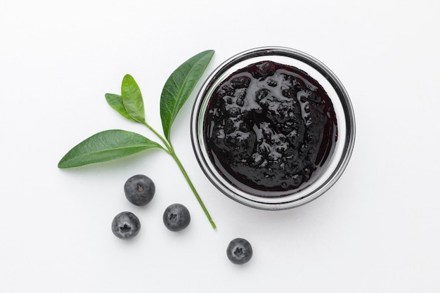 Flat lay bowl with blueberry jam