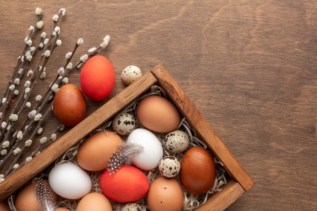 Flat lay of box with eggs for easter and feathers